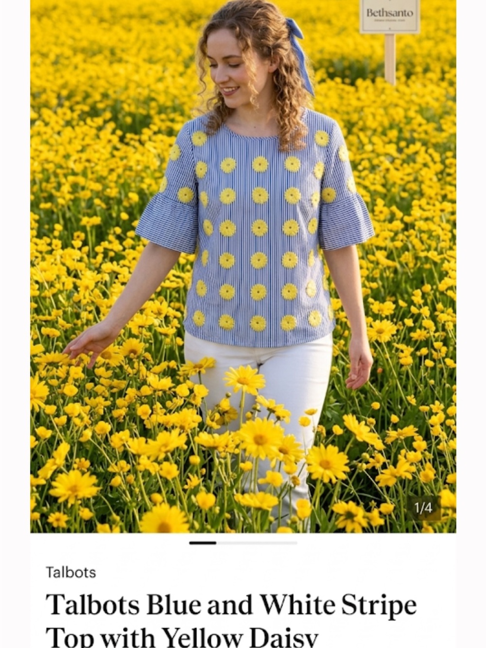 Talbots Blue and White Stripe Top with Yellow Daisy Embroidery ptp 20